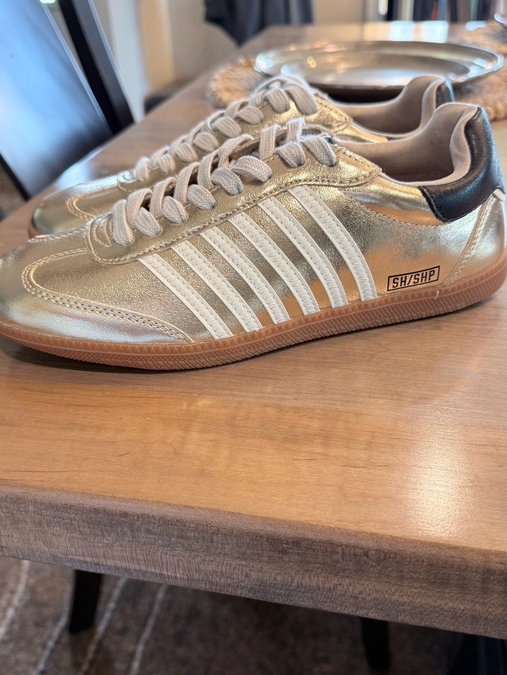 Gold Leather Lace-Up Sneakers